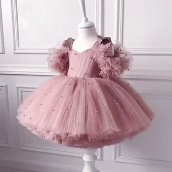 Рокля за момиченца от 0 до 5 години, бебешка рокля, рокля за кръщенета, перлена сетчатое принцеса рокля с лък-един сноп, облекло за рожден ден, рокля за момиченца